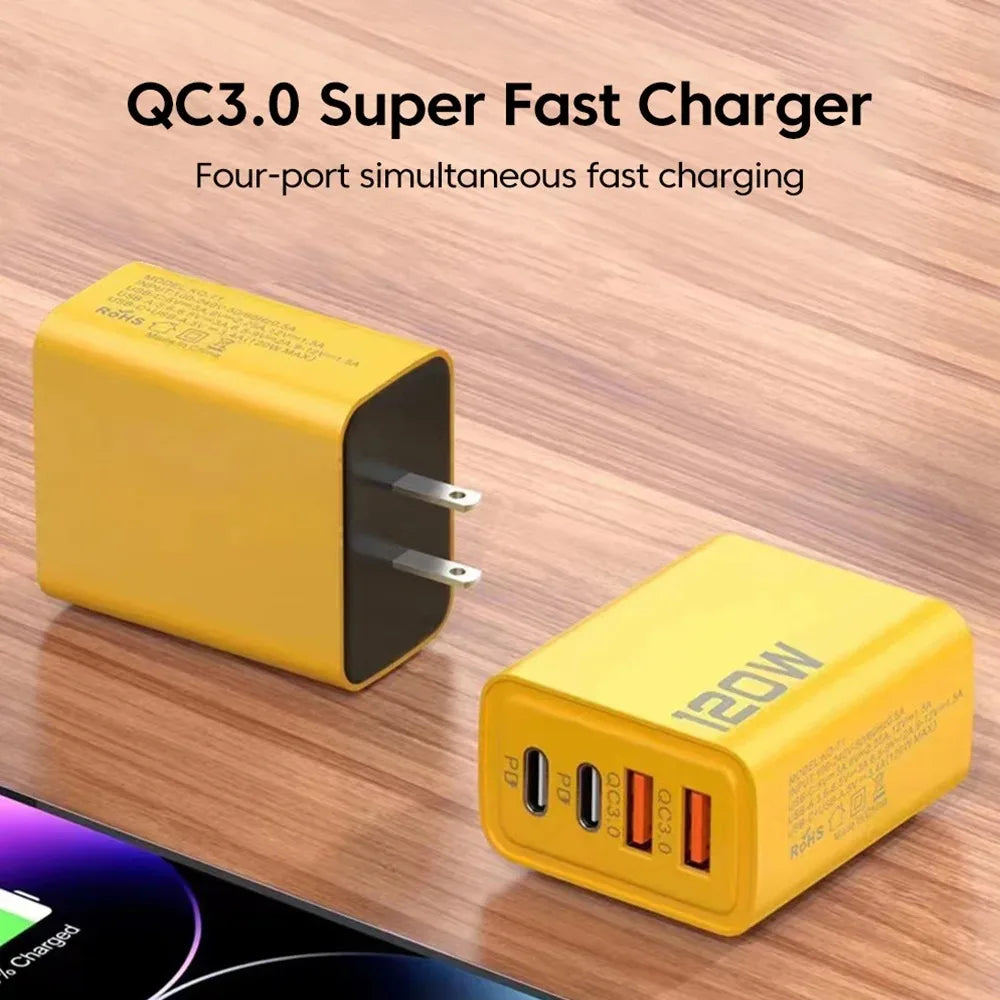 120W PD USB-C Charger - Fast Charging Mobile Phone Adapter with Quick Charge 3.0, Type C for iPhone, Samsung, Xiaomi, EU/US Plug