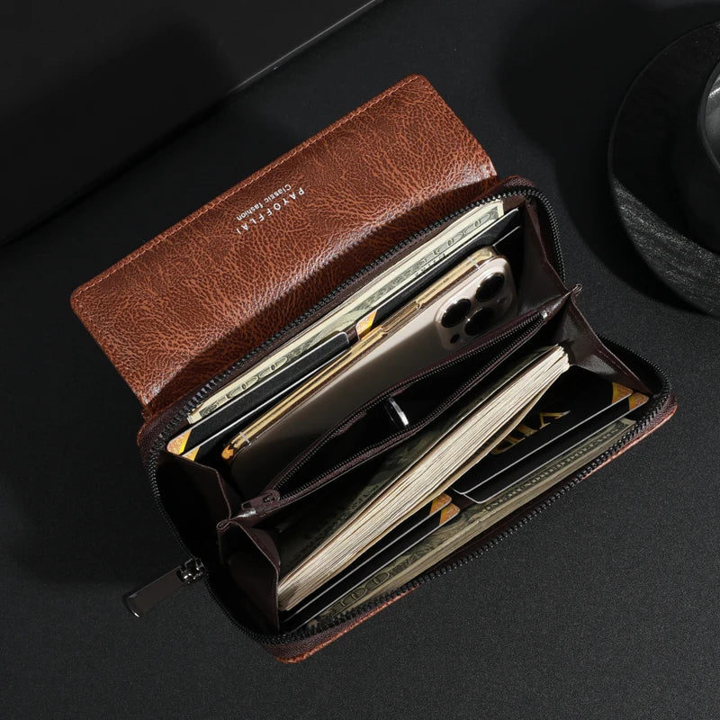 Men's PU Leather Zipper Wallet – Large Capacity Clutch Bag with Phone Holder, Card Slots & Coin Pocket