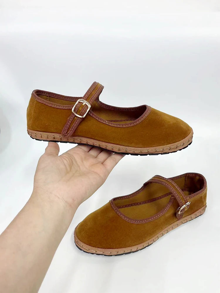 Women's Velvet Mary Jane Shoes – Hand-Stitched Ballet Flats, Casual Streetwear Loafers in Solid Colors