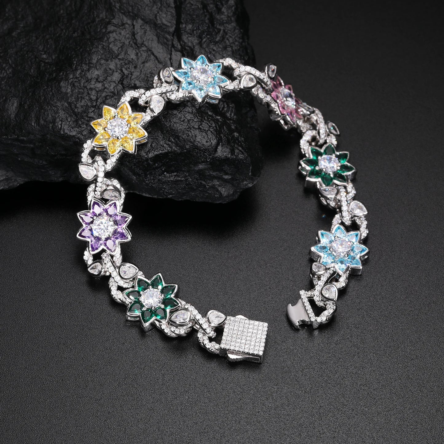 New Iced Out Moissanite Chain Necklace & Colorful Flower Bracelet – Hip Hop S925 Silver, 18K Plated Jewelry for Men & Women