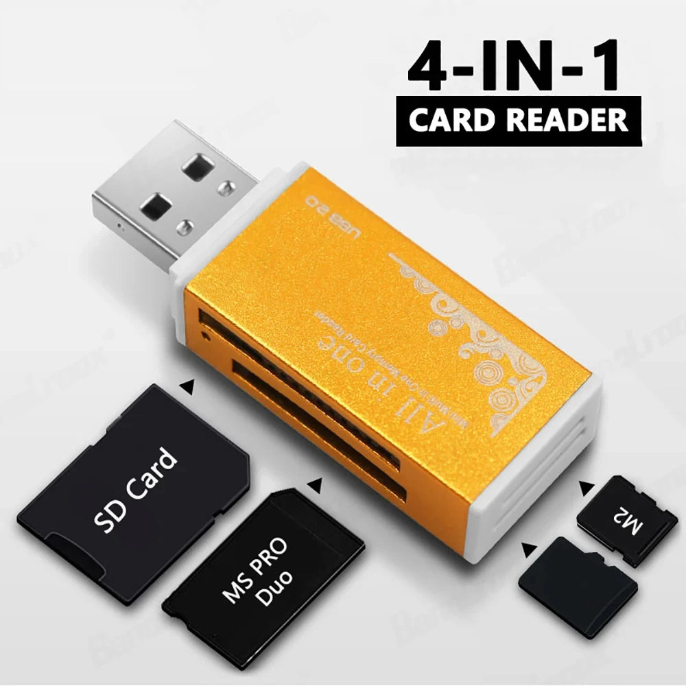 4 Port USB 2.0 Card Reader - Multi-Format Memory Card Adapter for SD, TF, MS, M2, Compatible with Laptops and Desktop PCs