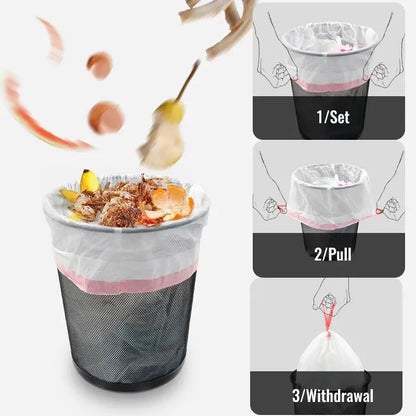 Garbage Bags with Drawstring – Transparent Disposable Bags for Household, Kitchen & Dorm Use, 3 Size Options