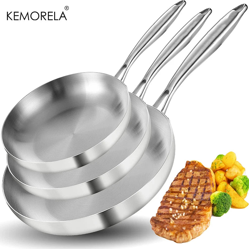 2/3PC Stainless Steel Frying Pan Set - 304 Food Grade Non-Stick Wok Pans, 2MM Thick, 5-Ply, Available in 22cm, 24cm, 26cm, 28cm
