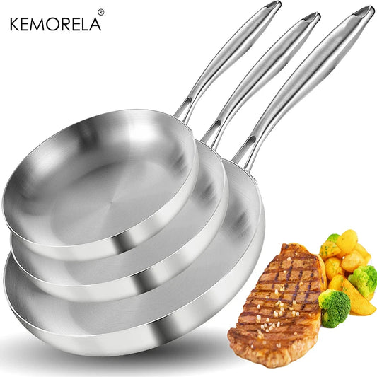 2/3PC Stainless Steel Frying Pan Set - 304 Food Grade Non-Stick Wok Pans, 2MM Thick, 5-Ply, Available in 22cm, 24cm, 26cm, 28cm