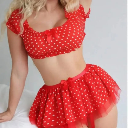 Women’s Polka Dot Off Shoulder Lingerie Set – Sexy Puffy Mini Skirt with Garter Straps