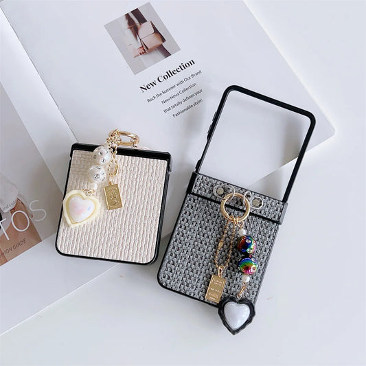 Weaving Leather Heart Pendant Phone Case for Samsung Galaxy Z Flip 7 / 6 / 5 / 4 – Hinge Protection Cover for Z Flip FE Flip6 Flip5 Fashion Protective Case