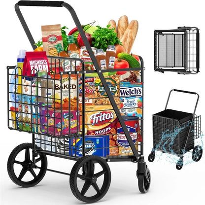 Extra Large Collapsible Grocery Cart on Wheels — Heavy Duty Shopping Cart with Baskets & Waterproof Liner