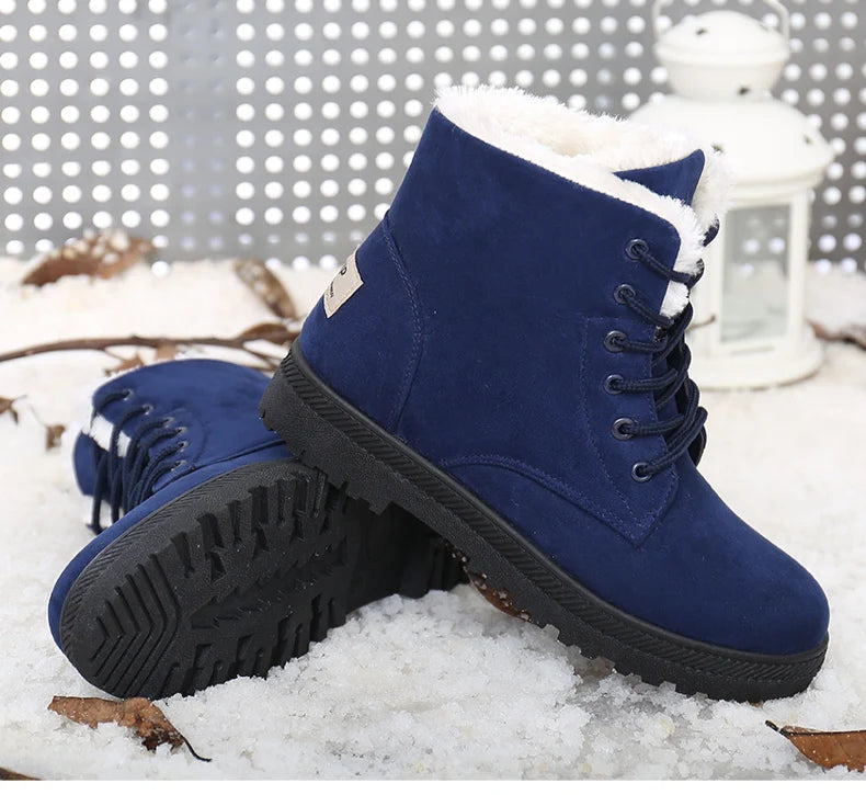 Women's Winter Fur Boots 2025 – Warm Ankle Snow Boots with Low Heels, Black Footwear for Women