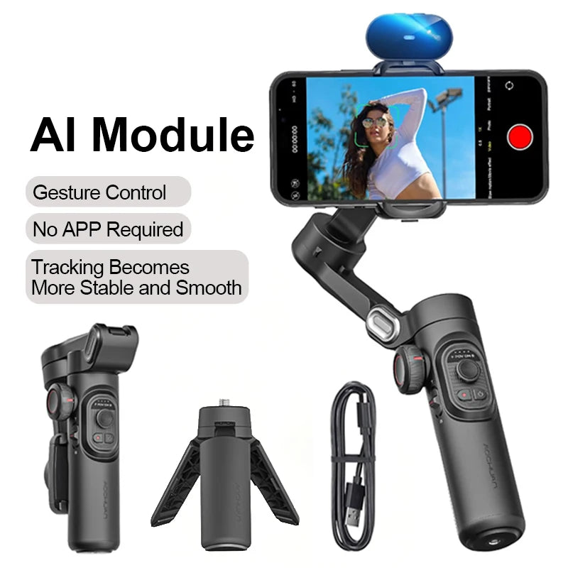 AOCHUAN 3-Axis Smartphone Gimbal - Handheld Stabilizer with Fill Light & Face Tracking for iPhone Android Vlogging
