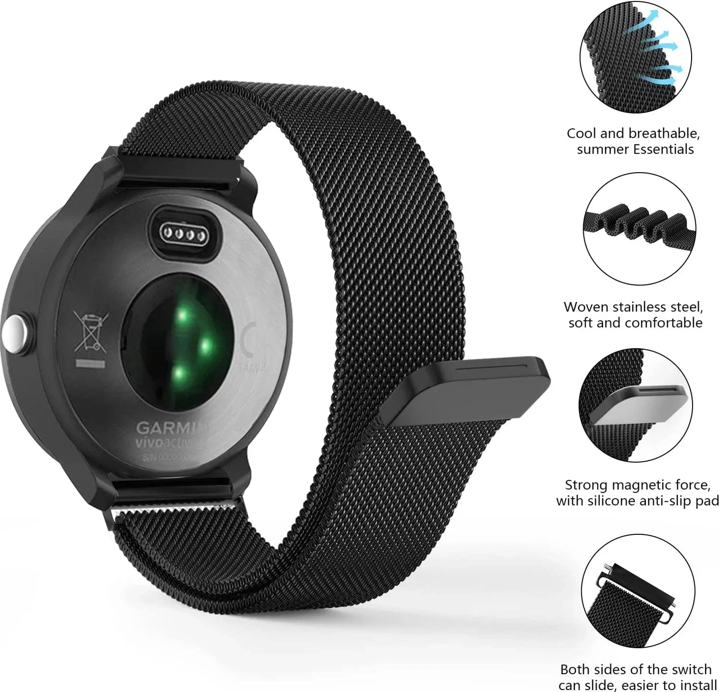 20mm/22mm Milanese Magnetic Loop Watch Strap – Compatible with Garmin Venu 2/3, Forerunner 55/158/165/245/255/265/645/745/965 Music