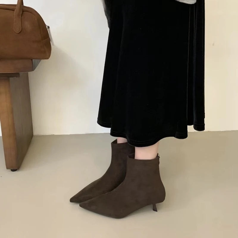 SUOJIALUN 2024 Winter New Women’s Short Boots – Fashion Pointed Toe, Elegant Ankle Boots with Thin High Heel Dress Pumps