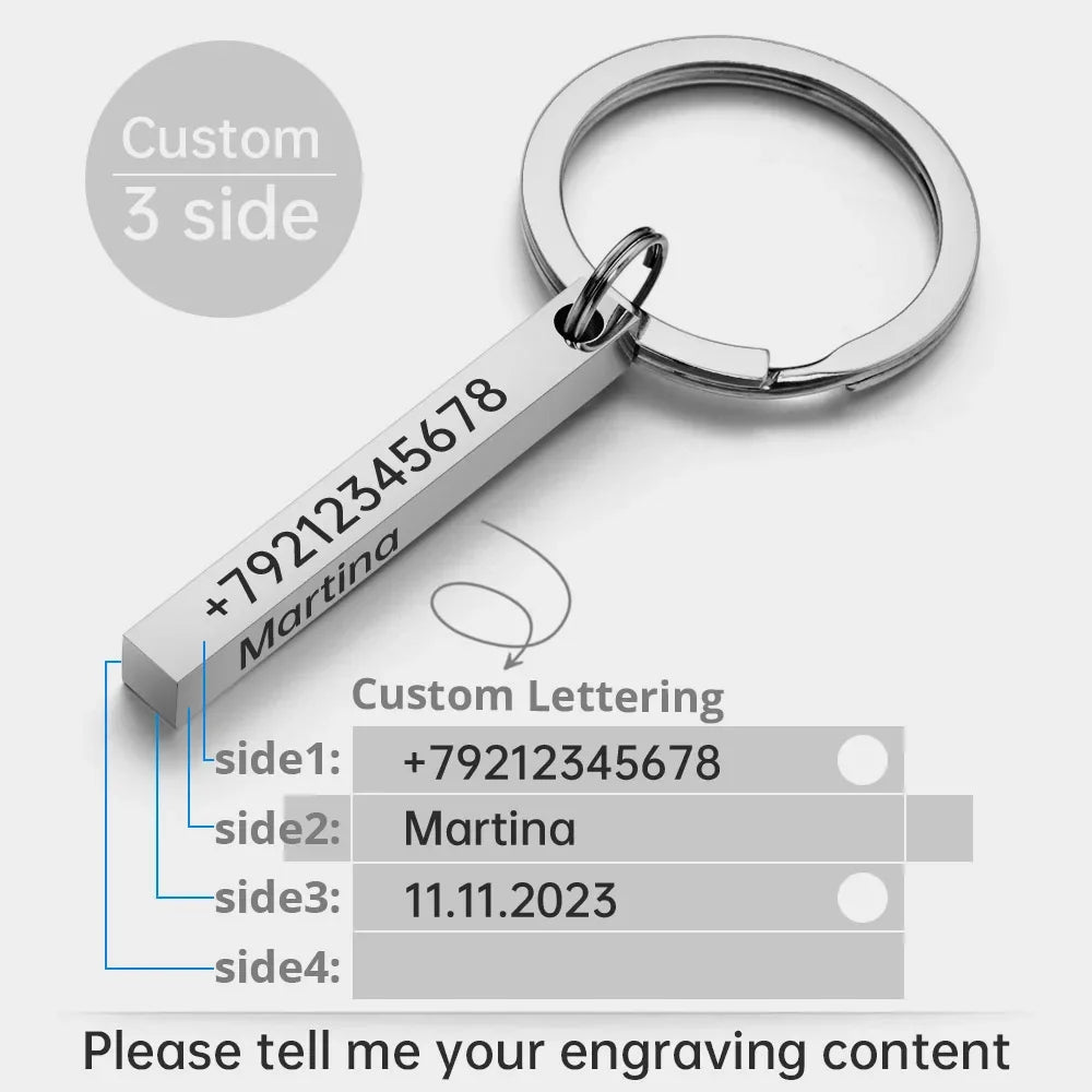 Personalized 3D Bar Keychain - Stainless Steel Engraved Name, Date or Logo Key Ring Gift P039