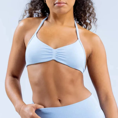 Impact Strappy Bra with Logo – Seamless Halterneck Yoga Top, Padded Gym Crop & Light Support Sports Bra
