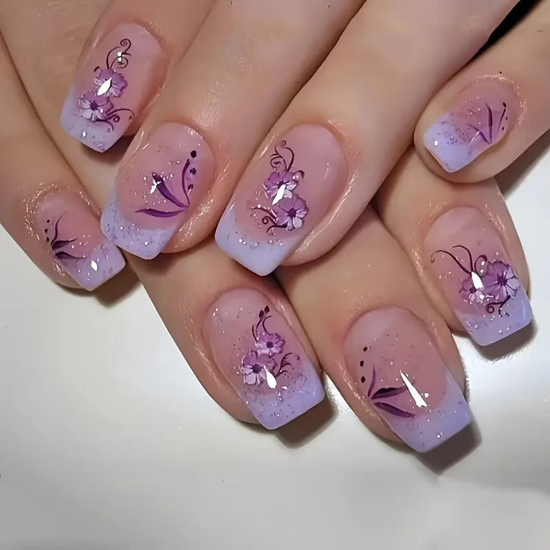 24PCS Short Press On Nails - Shimmer Ballet French Full Cover Artificial Nail Tips for Daily Manicure Style