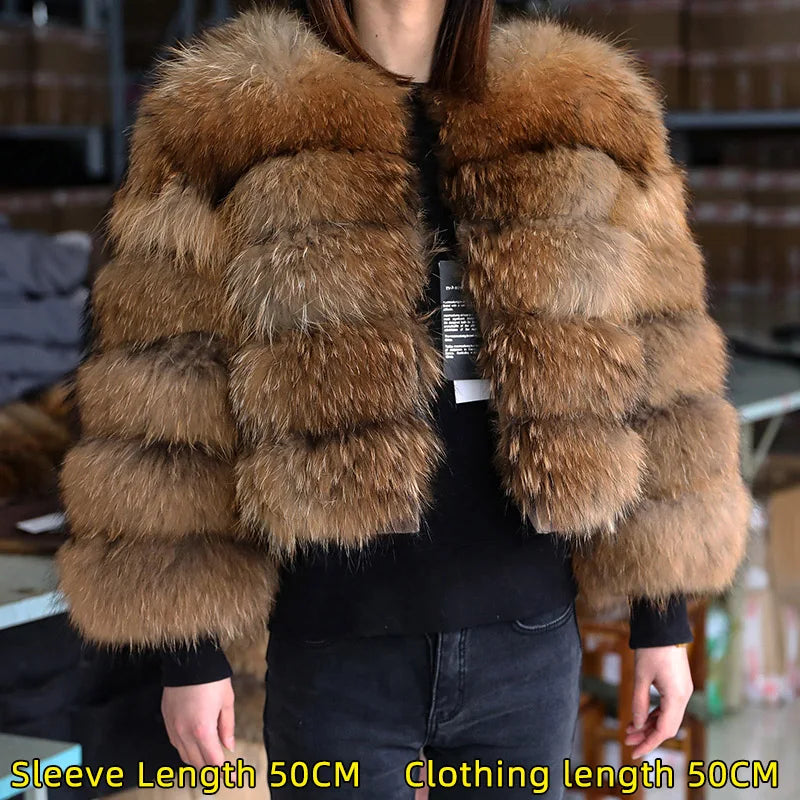 2025 Maomaokong Women’s Real Fur Coat – Natural Raccoon & Fox Fur Jacket with Hood, Warm Winter Outerwear