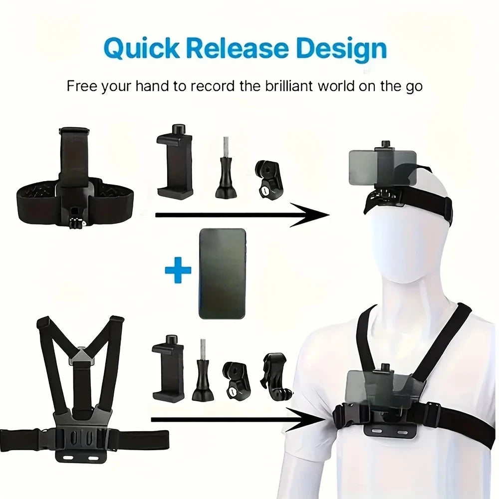 Action Camera Accessories Kit - Adjustable Head Strap & Chest Mount Holder for GoPro, DJI, Insta360 & More