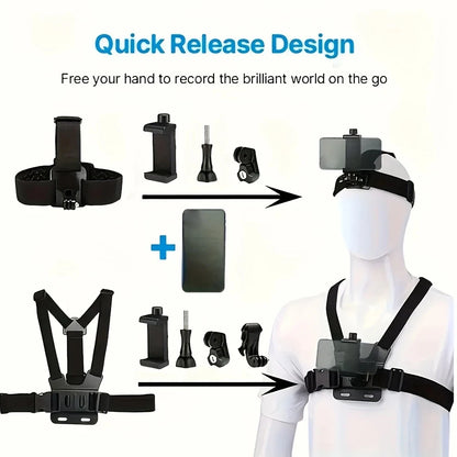 Action Camera Accessories Kit - Adjustable Head Strap & Chest Mount Holder for GoPro, DJI, Insta360 & More