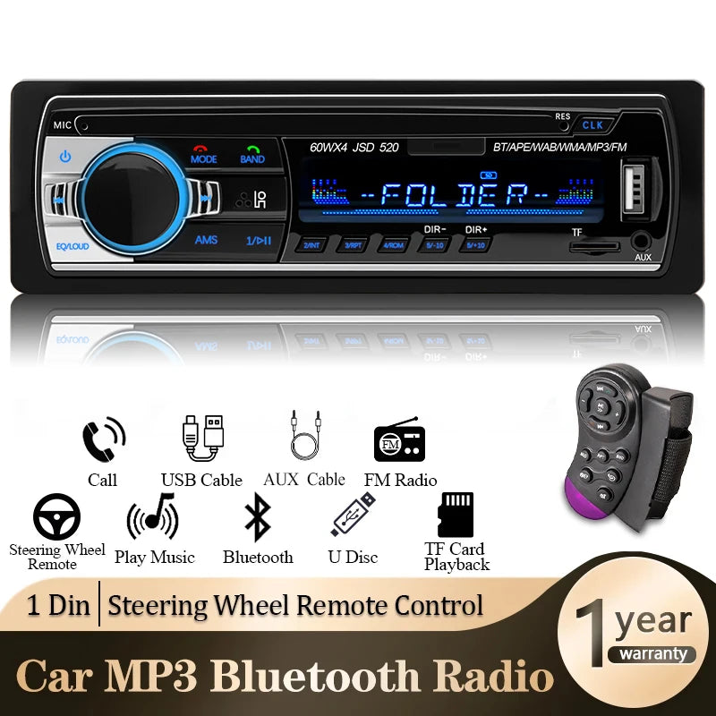 1 Din Car Radio Stereo - Bluetooth MP3 Player with FM Radio, USB, AUX Input & Digital Audio System