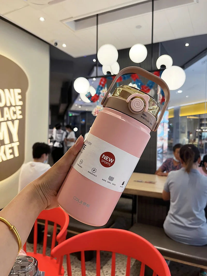 1L/1.2L Stainless Steel Thermal Water Bottle – Vacuum Insulated Thermos Cup with Straw, Hot & Cold Drink Tumbler for Gym & Travel