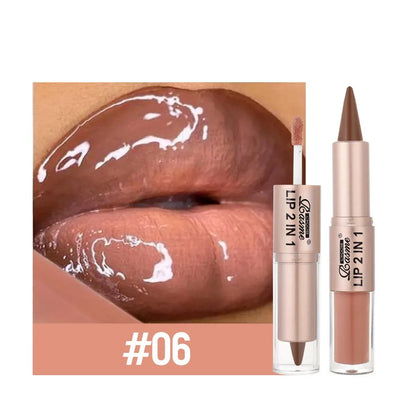 2-in-1 Tapered Lip Liner Pen - Waterproof Nude Brown Lip Contour & Matte Gloss Makeup