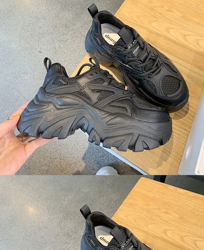 2024 Women's Fashion Platform Sport Shoes - Chunky Black Mesh Leather Casual Sneakers for Summer