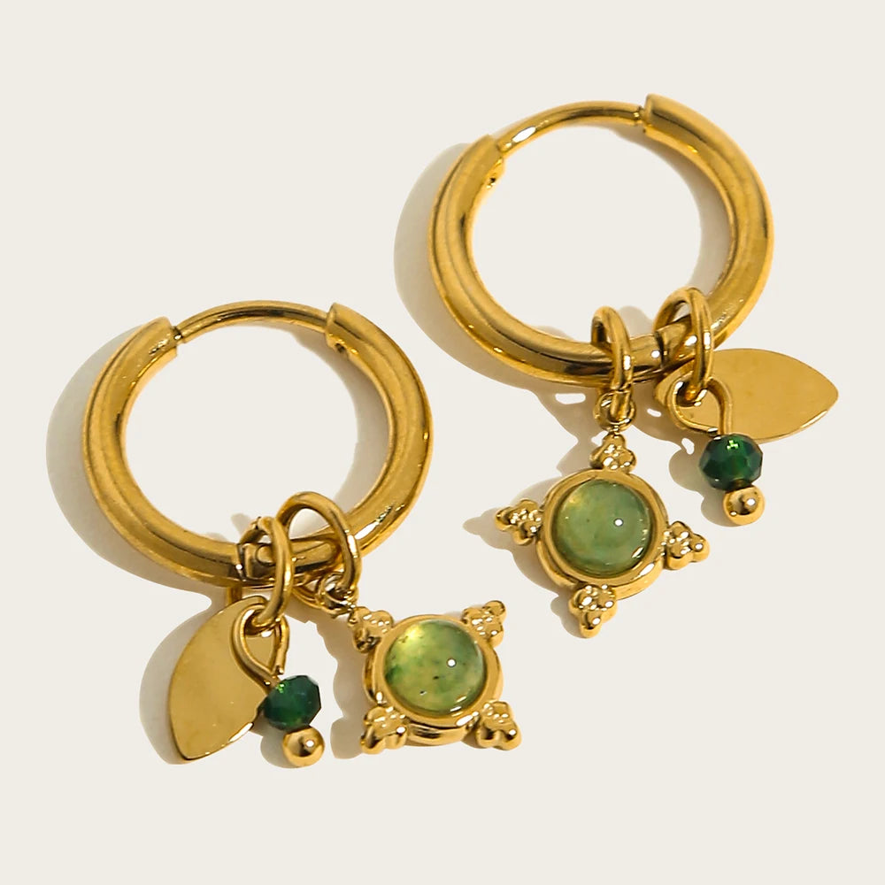 YACHAN 18K Gold-Plated Stainless Steel Hoop Earrings — Vintage Green Stone Charms, Trendy Waterproof Jewelry for Women