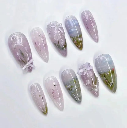 24PCS Pink Almond Press On Nails - Butterfly Ballet French Design Artificial Nail Tips for Stylish Nail Art