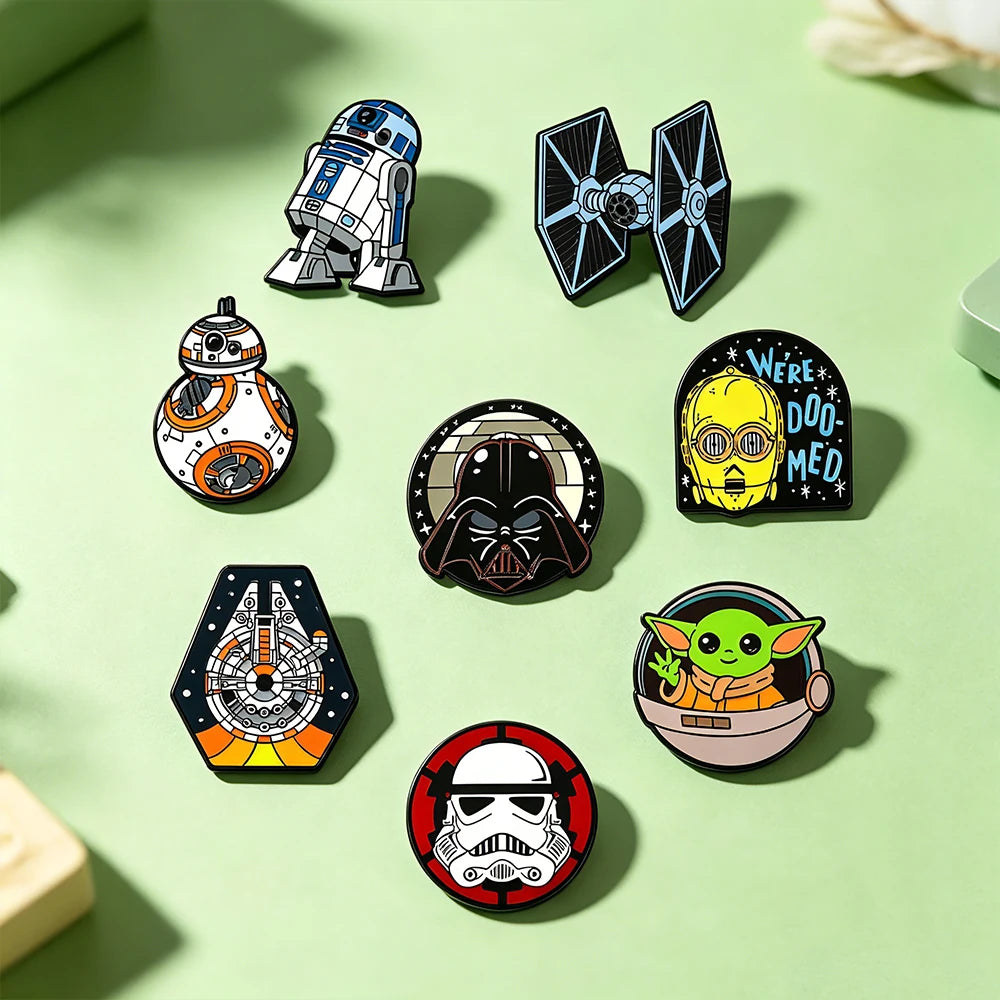 8-Piece Star Wars Enamel Brooch Set - R2-D2, BB-8, Darth Vader, Stormtrooper, and TIE Fighter Metal Pins for Backpacks and Accessories