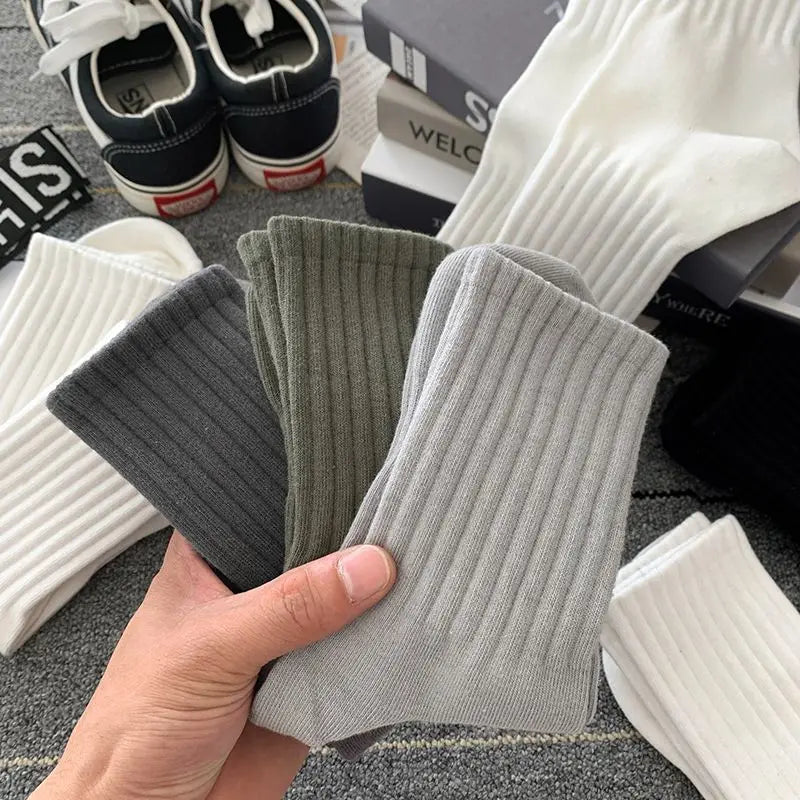 5 Pairs Cool Men's Socks Set – Black & White, Warm Autumn/Winter Sport Short Socks, Solid Color for Men
