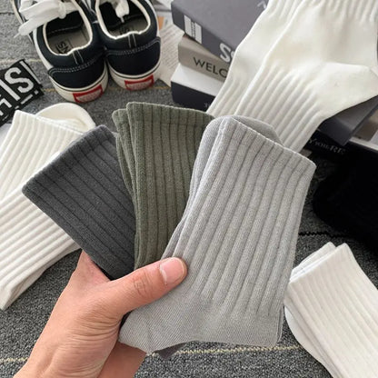 5 Pairs Cool Men's Socks Set – Black & White, Warm Autumn/Winter Sport Short Socks, Solid Color for Men