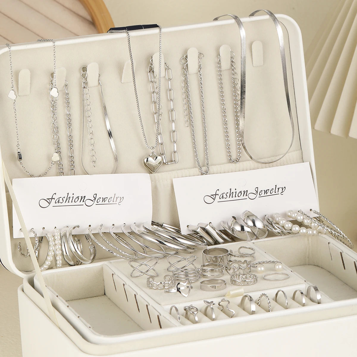 54-Pcs Women’s Vintage Pearl Jewelry Set – Earrings, Rings, Necklace, Bracelet & Heart Pendant, Boho Daily Wear Gift 2024