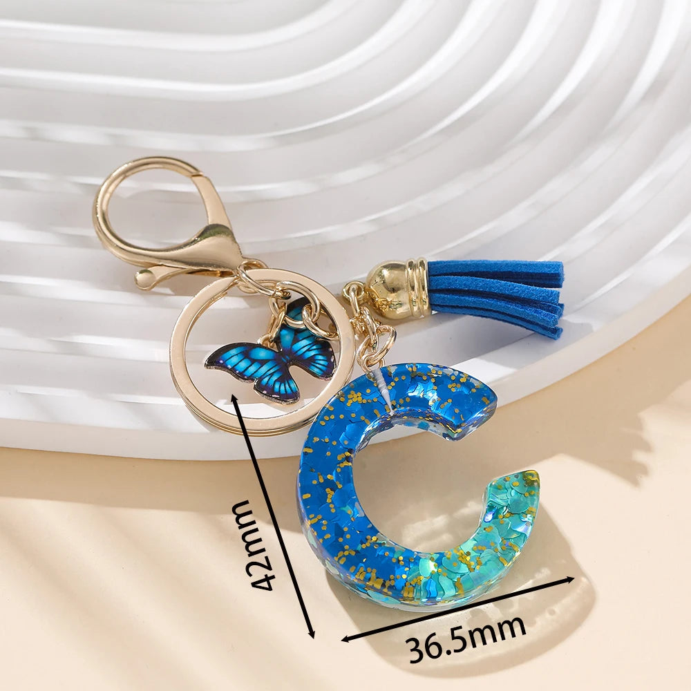 Royal Blue Butterfly Initial Keychain - Alloy Alphabet Letter & Tassel Backpack Charm