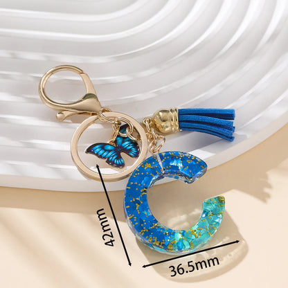 Royal Blue Butterfly Initial Keychain - Alloy Alphabet Letter & Tassel Backpack Charm