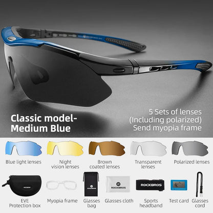 ROCKBROS Cycling Sunglasses — Polarized Photochromic MTB Sports Goggles with 5/3 Lenses