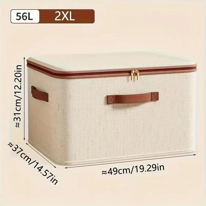 Large Household Storage Box – Heavy-Duty Hard Shell Cotton Linen Organizer with Zipper Lid for Clothes, Toys & Blankets