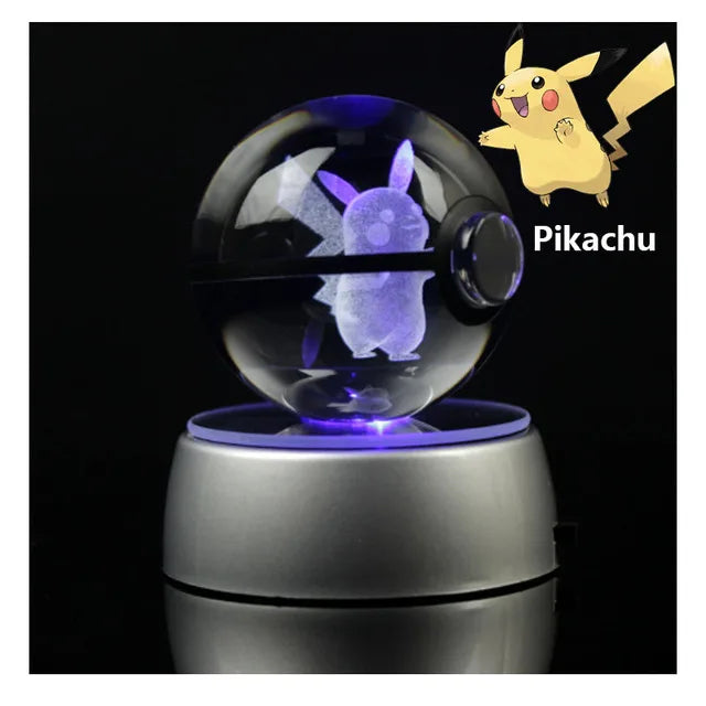 Anime Pokemon 3D Crystal Ball – Snorlax & Charizard Engraved Pokeball Figure with LED Light Base, Kids Gift