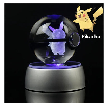 Anime Pokemon 3D Crystal Ball – Snorlax & Charizard Engraved Pokeball Figure with LED Light Base, Kids Gift