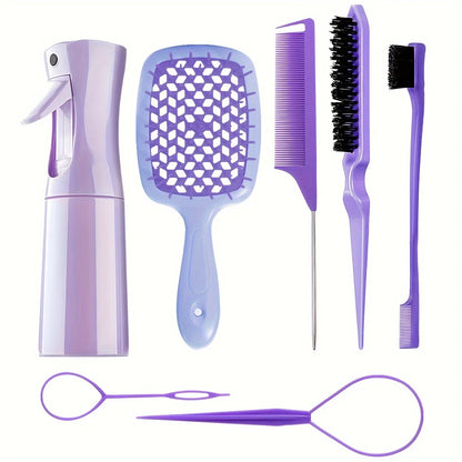 7PCS Hair Styling Kit – Detangler Brush, Bristle & Double-Sided Edge Brushes, Scalp Massager for All Hair Types, Salon Tools Set