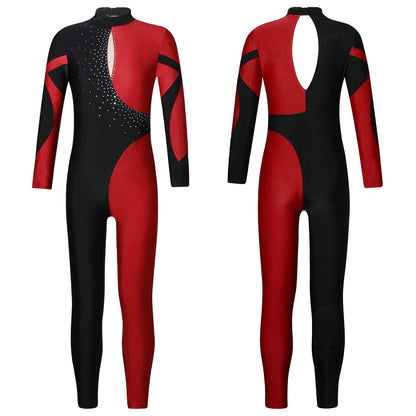 Kids Girls Long Sleeve Rhinestone Bodysuit — Full Body Dancewear Gymnastics Leotard Skating Jumpsuit