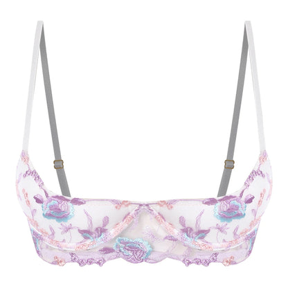 Women's Lace Push-Up Bra - 1/4 Cup Underwire Bra with Removable Pads, Embroidered Lace & Supportive Balconette Design