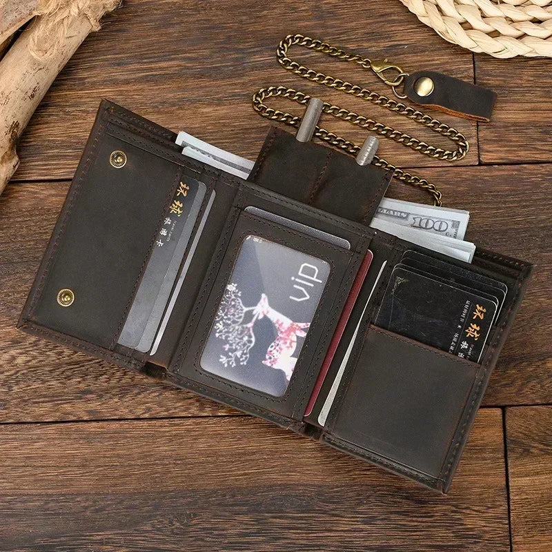 Men’s Genuine Leather Short Wallet with Chain – Trifold Zipper Clutch, Card Holder & Coin Purse