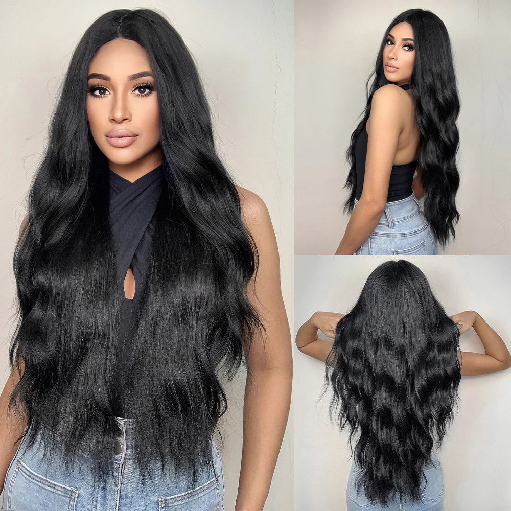 ALAN EATON Black Long Wavy Synthetic Wig – Natural Afro Hair, Middle Part, Heat-Resistant Fiber for Daily Use