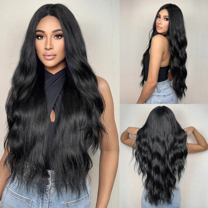 ALAN EATON Black Long Wavy Synthetic Wig – Natural Afro Hair, Middle Part, Heat-Resistant Fiber for Daily Use
