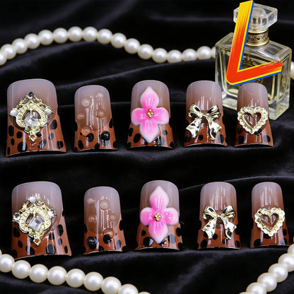 10PCS French Tip Press-On Nails - Short Square Nude Gold Glitter Leopard Nail Set