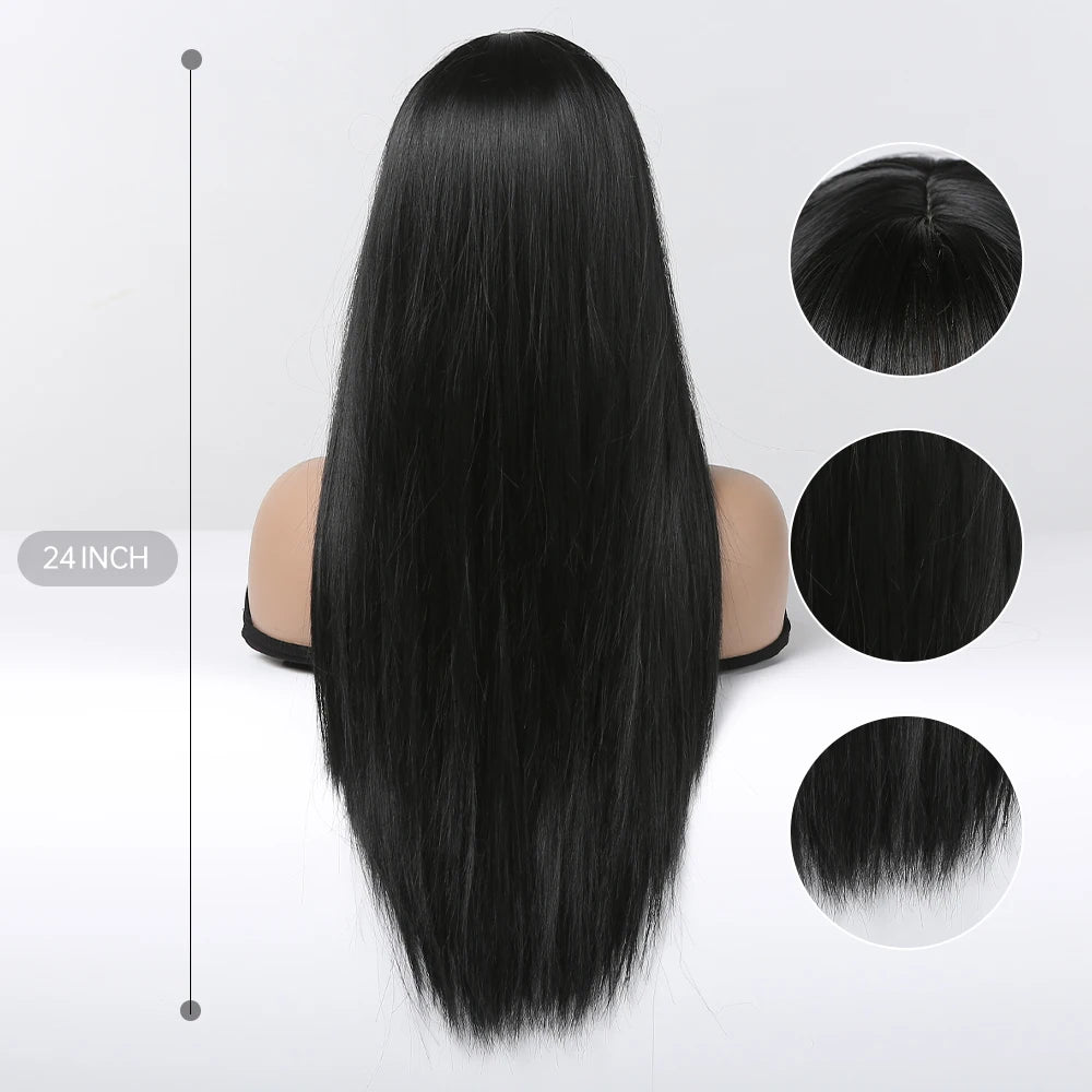 EASIHAIR Long Silky Straight Synthetic Wigs with Bangs: Black Cosplay Party Lolita Hair Wigs for Women - Natural Heat Resistant Wig