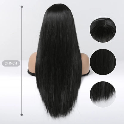 EASIHAIR Long Silky Straight Synthetic Wigs with Bangs: Black Cosplay Party Lolita Hair Wigs for Women - Natural Heat Resistant Wig