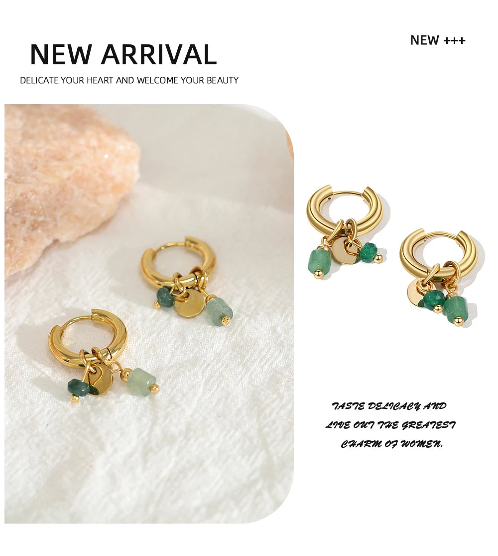 YACHAN 18K Gold-Plated Stainless Steel Hoop Earrings — Vintage Green Stone Charms, Trendy Waterproof Jewelry for Women
