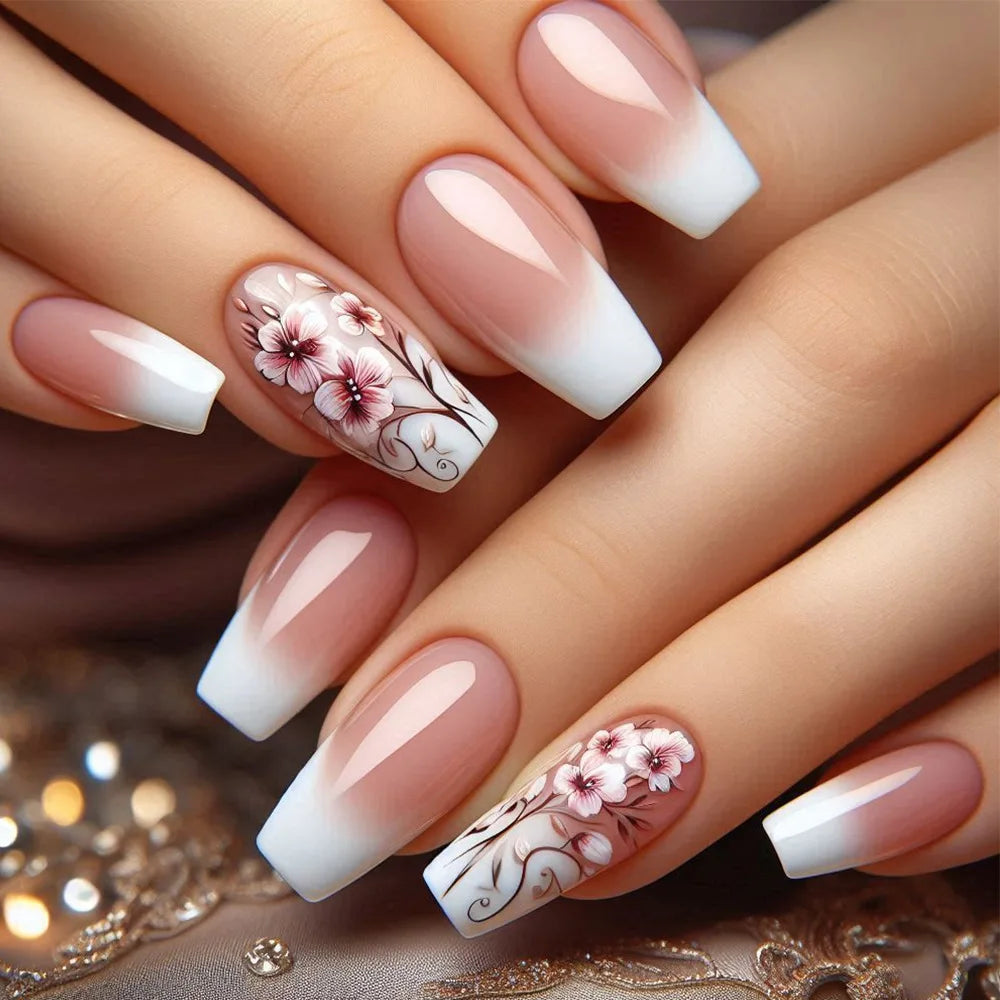 24pcs Blue Golden Stripe Press-On Nails Shiny Powder Long Square Full Cover False Nail Tips Wearable Love Design