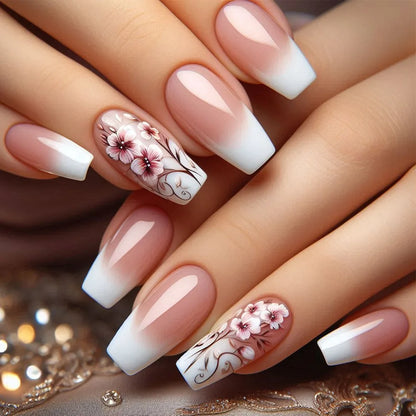 24pcs Blue Golden Stripe Press-On Nails Shiny Powder Long Square Full Cover False Nail Tips Wearable Love Design