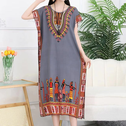 Women’s Bohemian Floral Tunic Dress - Retro Ethnic Print Batwing Sleeve Loose Summer Maternity Streetwear